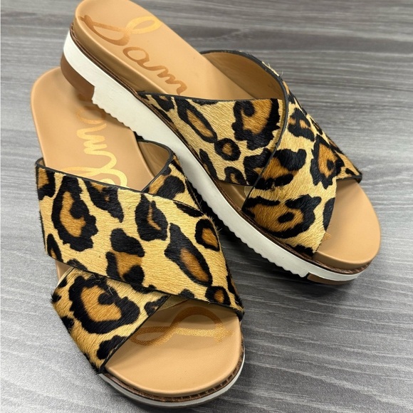 Sam Edelman Audrea Slide Sandals Women's Size 6 Lamb Fur Shoes Leopard Print - Picture 16 of 16